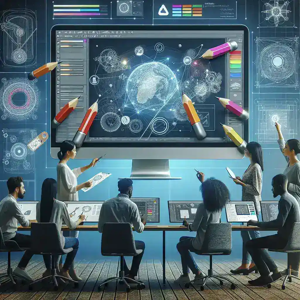 "Ilustrasi Platform Kolaborasi Desain Digital yang Meningkatkan Produktivitas dan Kreativitas Tim Desain, menampilkan berbagai alat dan fitur yang mendukung kerja tim secara efisien."